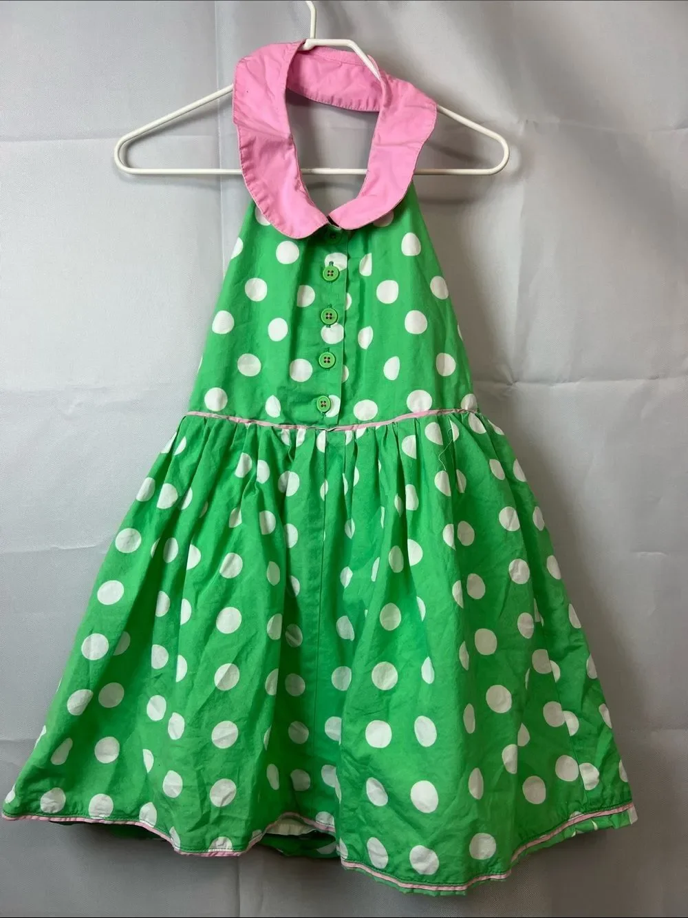 Mini Boden green and white polkadot smocked back halter dress Peter Pan collar